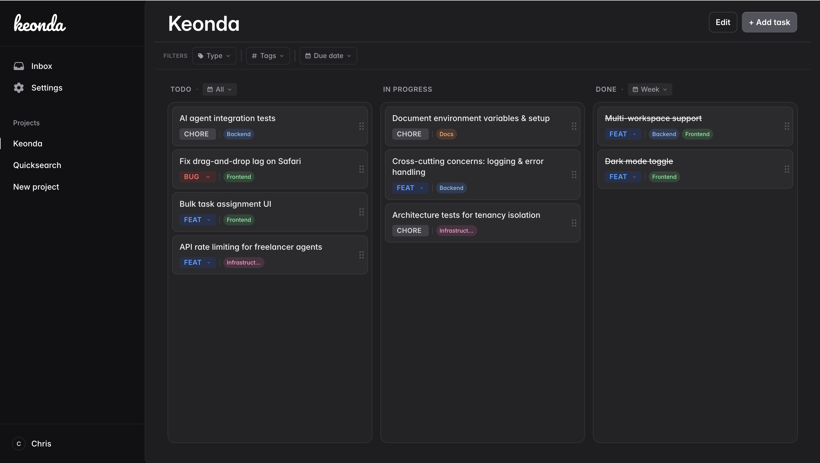 Keonda project management board in dark mode showing task columns for Todo, In Progress, and Done