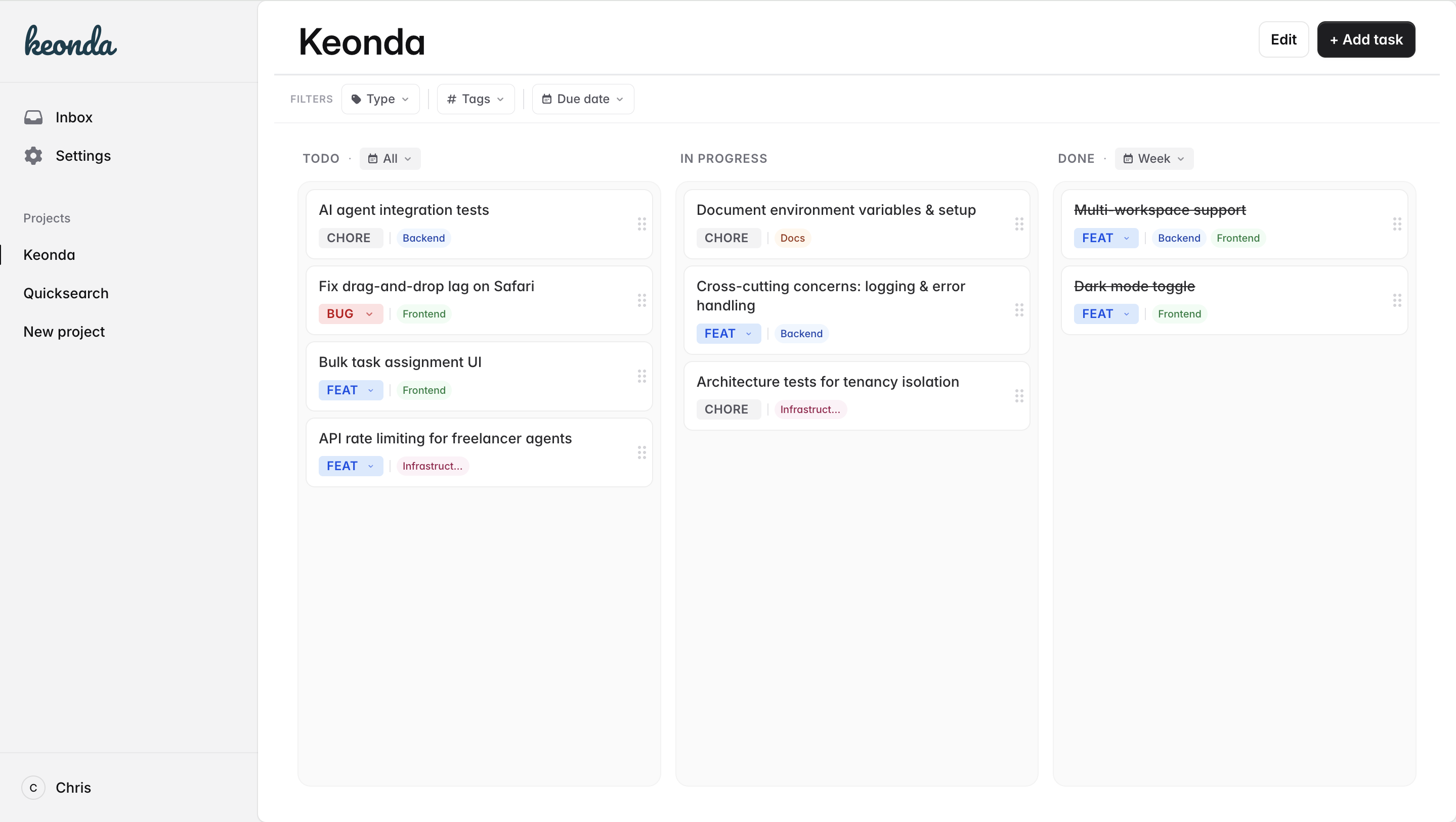 Keonda project management board showing task columns for Todo, In Progress, and Done